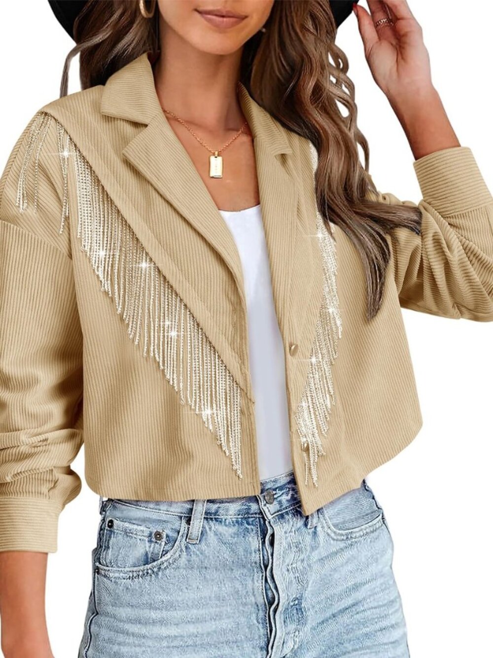Womens Sparkly Fringe Western Cowgirl Cropped Jacket
